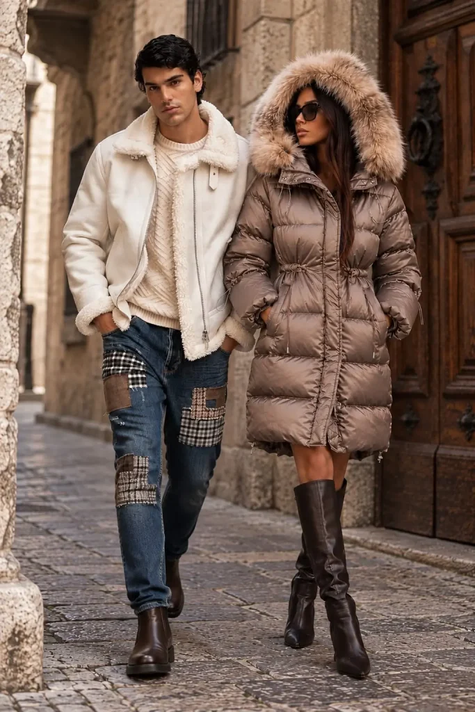 Homem e mulher com coordenados de outono-inverno numa rua