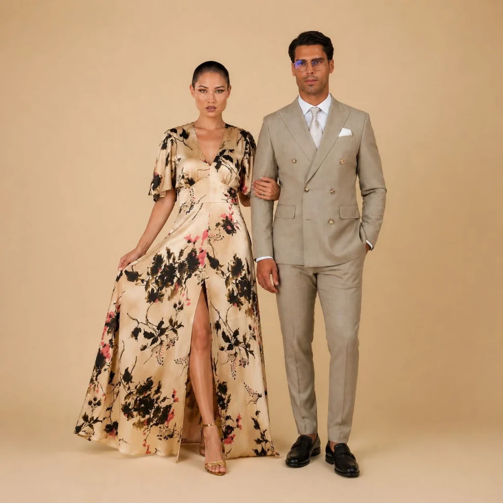 Modelo feminina com vestido floral e modelo masculino com fato bege para popup de newsletter Norbest