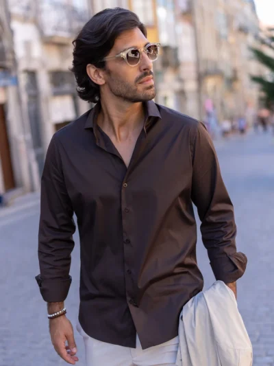 Camisa gola italiana slim fit castanha Zolf